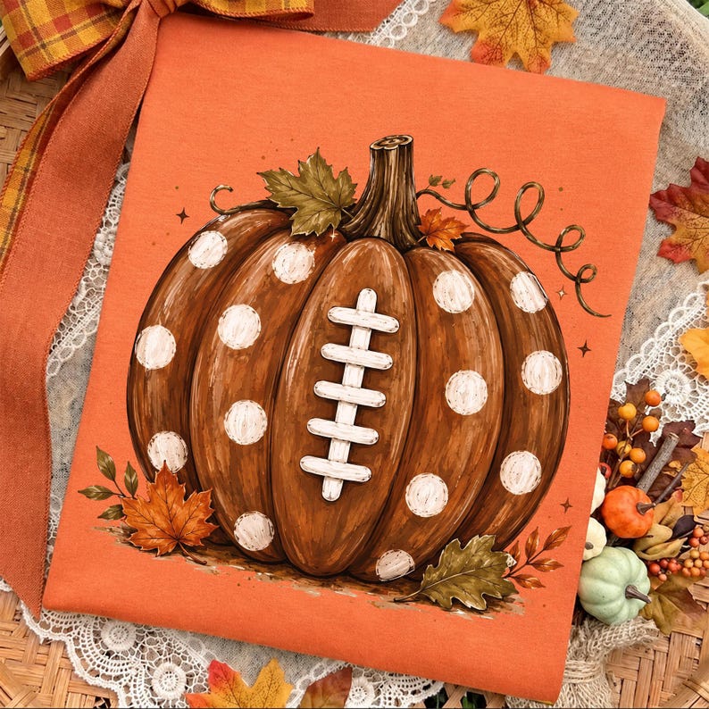 Autumn football pumpkin graphic displayed on a burnt orange t-shirt mockup, perfect for football mom PNG designs, Friday night football shirts, pumpkin football fans, game day apparel, tailgate outfits, and fall sports clothing.
