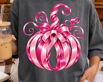 Breast Cancer Awareness PNG, Pink Pumpkin Halloween Design, Pink Ribbon Pumpkin, Breast Cancer Shirt Graphic, Halloween Sublimation