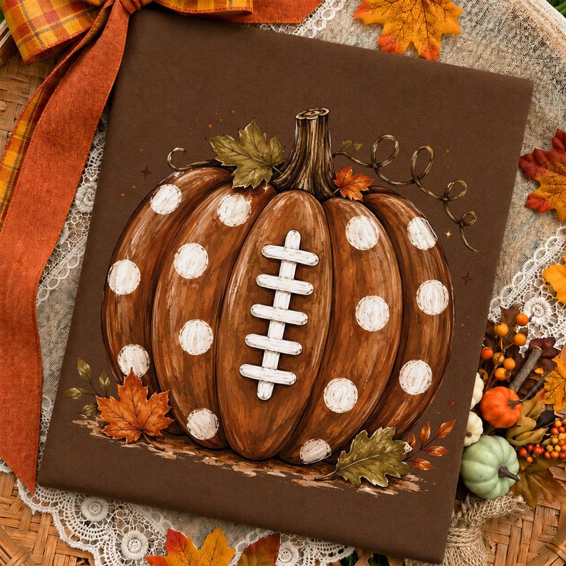 Fall football pumpkin design displayed on a dark brown t-shirt mockup with rustic autumn colors, perfect for football mom apparel, football fan gifts, game day shirts, pumpkin football graphics, and football season digital downloads.