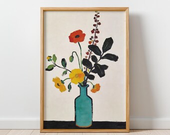 Modern Botanical Wall Art Print, Minimal Flower Vase Art, Colorful Folk Style Still Life, Simple Floral Decor, Contemporary Home Art