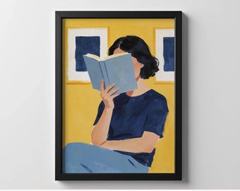 Woman Reading Art Print, Book Lover Wall Art, Contemporary Figurative Artwork, Reading Nook Decor, Literary Gift Idea, Digital Download
