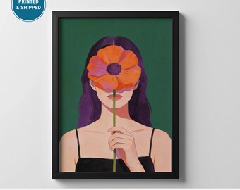 Floral Portrait Wall Art, Woman with Orange Flower, Modern Figurative Print, Bold Botanical Art, Statement Wall Decor, Framed or Unframed