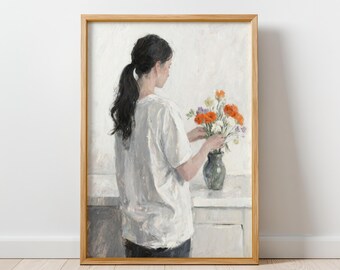Morning Therapy - Minimalist Floral Art Print, Still Life ArtWork, Soft Aesthetic Wall Art, Impressionist Style Painting, Digital Download