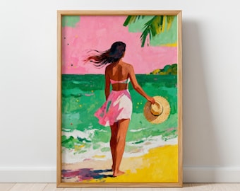 Walk by the Sea - Modern Figurative Wall Art Print, Colorful Feminine Artwork, Contemporary Woman Painting, Ocean Wall Art, Digital Download