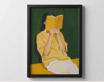 Woman Reading Art Print, Book Lover Wall Art, Contemporary Figurative Artwork, Reading Nook Decor, Literary Gift Idea, Digital Download