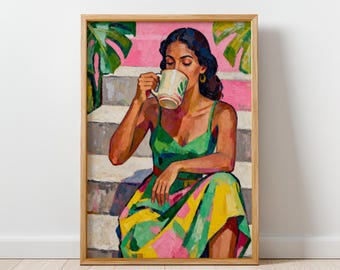 Slow Morning - Modern Figurative Wall Art Print, Colorful Feminine Artwork, Contemporary Woman Painting, Slow Living Vibe, Digital Download