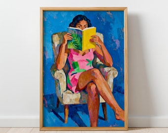 Lost in Words - Modern Figurative Wall Art Print, Colorful Feminine Artwork, Contemporary Woman Reading Illustration, Digital Download