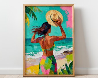 Ocean Breeze - Modern Figurative Wall Art Print, Colorful Feminine Artwork, Contemporary Woman Painting, Ocean Wall Art, Digital Download