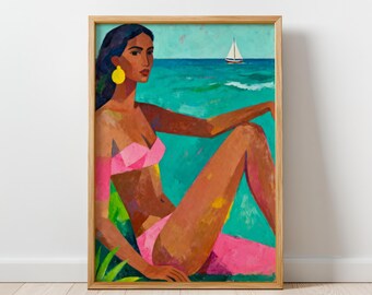 Coastal Daydream -Modern Figurative Wall Art Print, Colorful Feminine Artwork, Contemporary Woman Painting, Ocean Wall Art, Digital Download