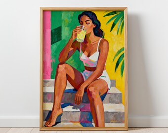 Modern Contemporary Wall Art Print, Colorful Feminine Artwork, Figurative Woman Painting, Slow Living Summer Vibe, Digital Download