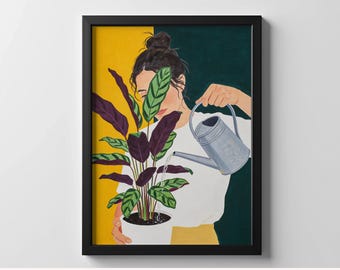 Plant Lover Art Print, Woman Watering Plant Wall Art, Contemporary Figurative Artwork, Modern Botanical Decor, Digital Download