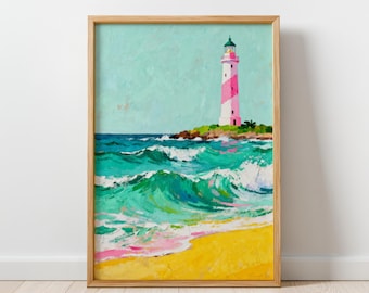 Lighthouse Coastal Art Print – Modern Seaside Painting , Colorful Fresh Beach Decor, Ocean Contemporary Wall Art, Digital Download
