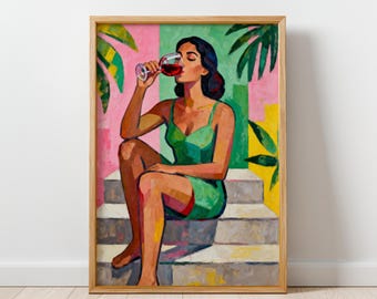 Modern Figurative Wall Art Print, Colorful Feminine Artwork, Contemporary Woman Painting, Slow Living Summer Vibe, Digital Download
