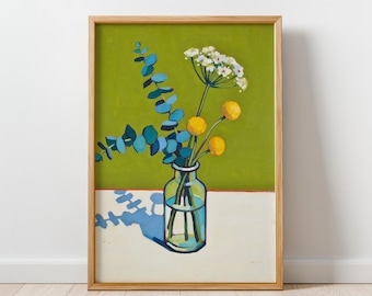 Botanical Floral Wall Art Print, Modern Minimal Decor for Living Room Bedroom Office, Colorful Printable Artwork, Digital Download