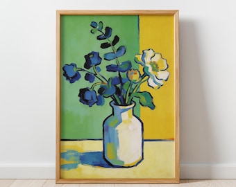 Colorful Floral Still Life, Modern Botanical Vase Wall Art, Contemporary Floral Vase Wall Decor, Minimal Printable Artwork, Digital Download