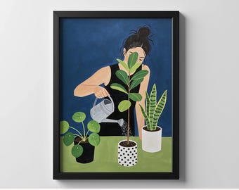 Houseplant Art Print, Woman Watering Plants Wall Art, Contemporary Figurative Artwork, Botanical Home Decor, Digital Download