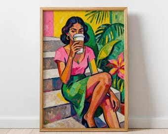 Slow Morning - Modern Figurative Wall Art Print, Colorful Feminine Artwork, Contemporary Woman Painting, Slow Living Vibe, Digital Download