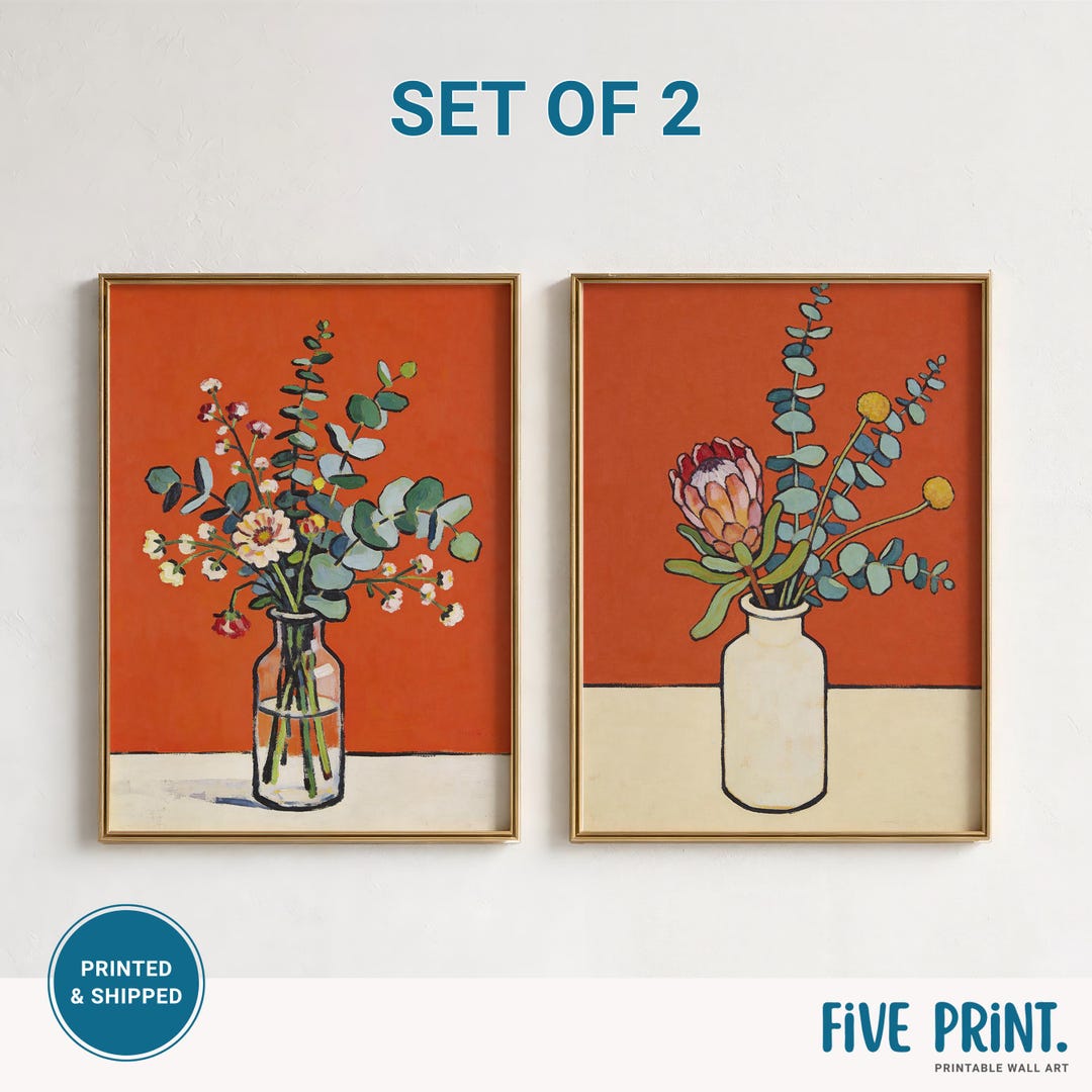 Floral Wall Art Set of 2, Colorful Botanical Prints, Modern Flower Vase ...