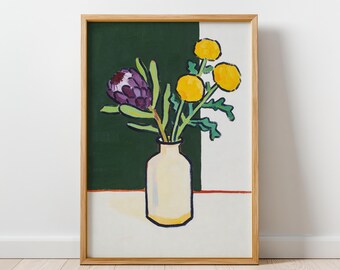 Modern Floral Still Life Print, Protea & Yellow Flowers Wall Art, Botanical Printable Artwork, Contemporary Home Decor, Digital Download