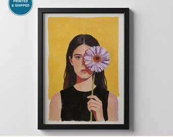 Floral Portrait Wall Art, Woman with Daisy Print, Minimalist Botanical Art, Soft Feminine Wall Decor, Modern Portrait Print, Framed Unframed