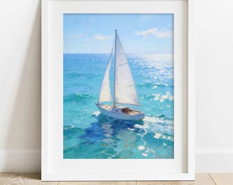 Sailboat Coastal Wall Art Printable – Modern Ocean Seascape, Serene Beach Decor, Contemporary Nautical ArtWork, Digital Download