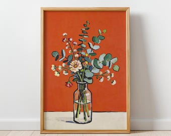 Bold Orange Floral Art Print, Modern Still Life Bouquet Wall Decor, Eucalyptus & Wildflower Botanical Wall Art, Printable, Digital Download
