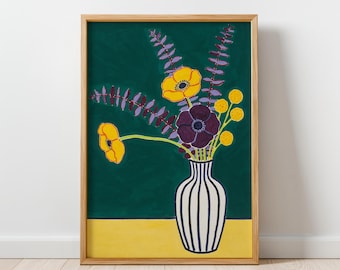 Modern Floral Still Life Print, Yellow & Plum Botanical Art, Emerald Green Artwork, Contemporary Printable Wall Decor, Digital Download