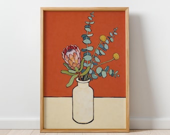 Modern Floral Vase Print, Vibrant Orange Botanical Artwork, Floral Still Life Print, Printable Wall Decor, Digital Download