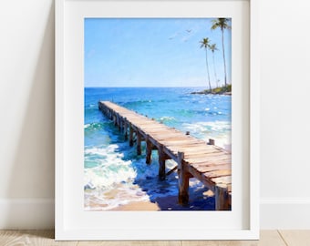 Coastal Pier Wall Art Printable – Modern Ocean Seascape, Serene Soft Beach Decor, Contemporary Nautical Artwork, Digital Download