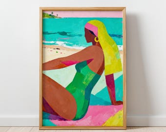 Endless Summer - Modern Figurative Wall Art Print, Colorful Feminine Artwork, Contemporary Woman Painting, Ocean Wall Art, Digital Download