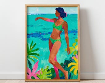 Sunlit Escape - Modern Figurative Wall Art Print, Colorful Feminine Artwork, Contemporary Woman Painting, Ocean Wall Art, Digital Download