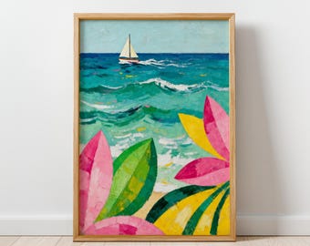 Sailboat Coastal Wall Art Printable – Colorful Ocean Waves, Modern Seaside Art Print, Expressive Beach Contemporary Art, Digital Download