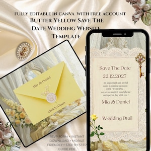 Butter Yellow Save The Date Wedding Website  Template  : Digital Envelope Invitation & RSVP Editable Canva