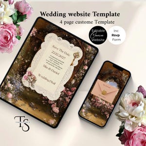 May include: A wedding website template displayed on a tablet and smartphone. The tablet shows a Save the Date card with a floral design and the date 22.12.2027. The smartphone displays an invitation. The text "Wedding website Template" is at the top.