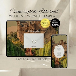 Puede incluir: Una plantilla de sitio web de bodas llamada "Countryside Ethereal" con una imagen de castillo. Incluye una maqueta de portátil y teléfono, un sobre con un sello de cera y texto que dice "Sofie & Thon", "RSVP Form Included" y "Free Wedding Stationery Bundle".