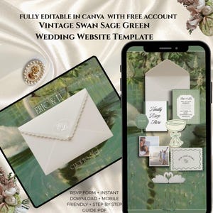 Vintage Swan Sage Green Wedding Website Template - Editable Canva Digital Download