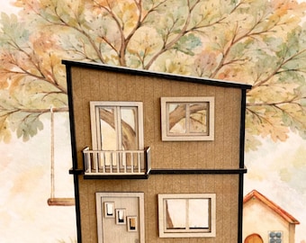 1:48 Scale Mid-Century Modern Dollhouse Kit – Laser-Cut Wooden Miniature House (Unfinished)