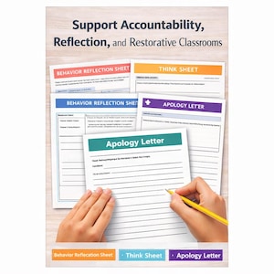 Peut inclure: Image de feuilles de travail éducatives avec le texte "Soutenir la responsabilité, la réflexion et les salles de classe réparatrices". Les feuilles de travail comprennent "Feuille de réflexion sur le comportement", "Feuille de réflexion" et "Lettre d'excuses".