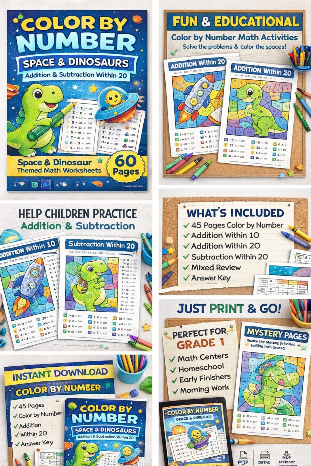 Grade 1 Math Color by Number | Space Dinosaur Addition Subtraction ...