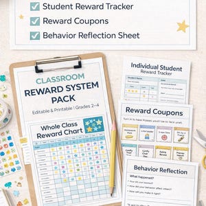 Puede incluir: Un paquete de sistema de recompensas para el aula con una tabla de recompensas para toda la clase, un rastreador de recompensas para estudiantes, cupones de recompensa y una hoja de reflexión sobre el comportamiento. Incluye una carpeta, un lápiz y varias tarjetas de recompensa.