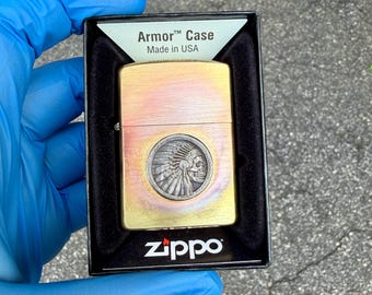 Zippo Brass Armor Lighter w/ Hand Carved Hobo Nickel Indian Skull – Soldered Coin – Made in USA – NIB