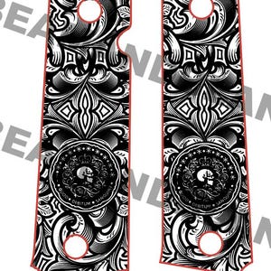 May include: Pair of black and white decorative panels with a red outline. The panels feature an ornate floral design with a central circular emblem containing a skull and the text "Quod debitum sanguine".