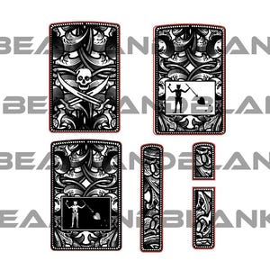 May include: Black and white pirate-themed designs with a skull and crossbones, and a pirate flag. The designs are framed with a red border and feature intricate scrollwork. The image includes multiple rectangular and oblong shapes.