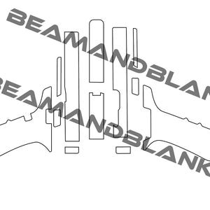 Puede incluir: Un contorno blanco de un producto, posiblemente una plantilla o patrón, con varias formas rectangulares y curvas. El texto "BEAMANDBLANK" está en diagonal en la imagen.