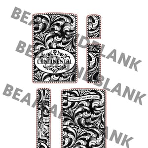 May include: A set of black and white decorative stickers with a floral scroll design and red borders. One sticker features the text "HOTEL CONTINENTAL NYC" with a skull. Another reads "An Oasis of Calm and Civility."
