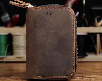 Genuine Leather Key Wallet For Men Retro Car Smart Key Case Double Zipper Housekeeper Keys Coin Pouch Organizer Handbag Women