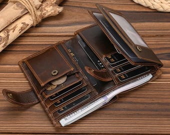 Cartera personalizada de piel de grano completo para hombre, tarjetero, monedero, funda para pasaporte