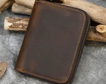 Cartera de cuero personalizada, hecha a mano, con cremallera RFID para hombre, regalo personalizado, aniversario, regalo de cumpleaños, regalo para papá, cartera para hombre, regalo para él.