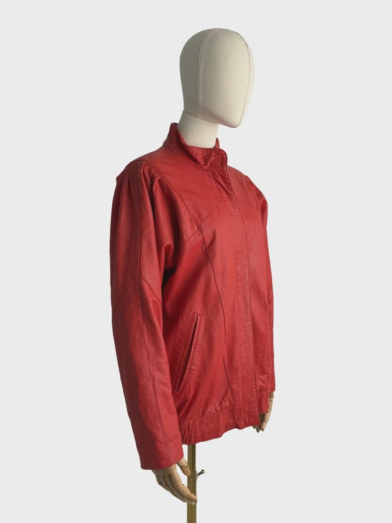 Vintage Red Leather Jacket Women Zip Up Bomber Moto Jacket Retro Size L