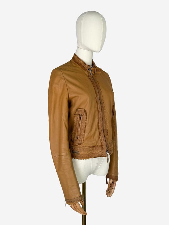 Vintage Ferre Real Leather Jacket Brown Tan Biker Jacket Y2K Designer Streetwear